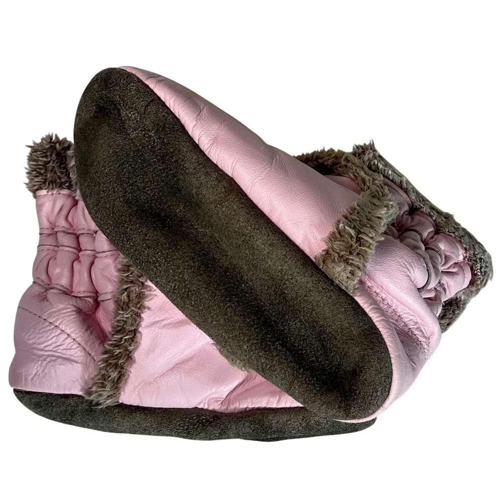 Robeez Pink Leather Faux Fur Trim Booties Soft Sole Baby Shoes 18-24 Months